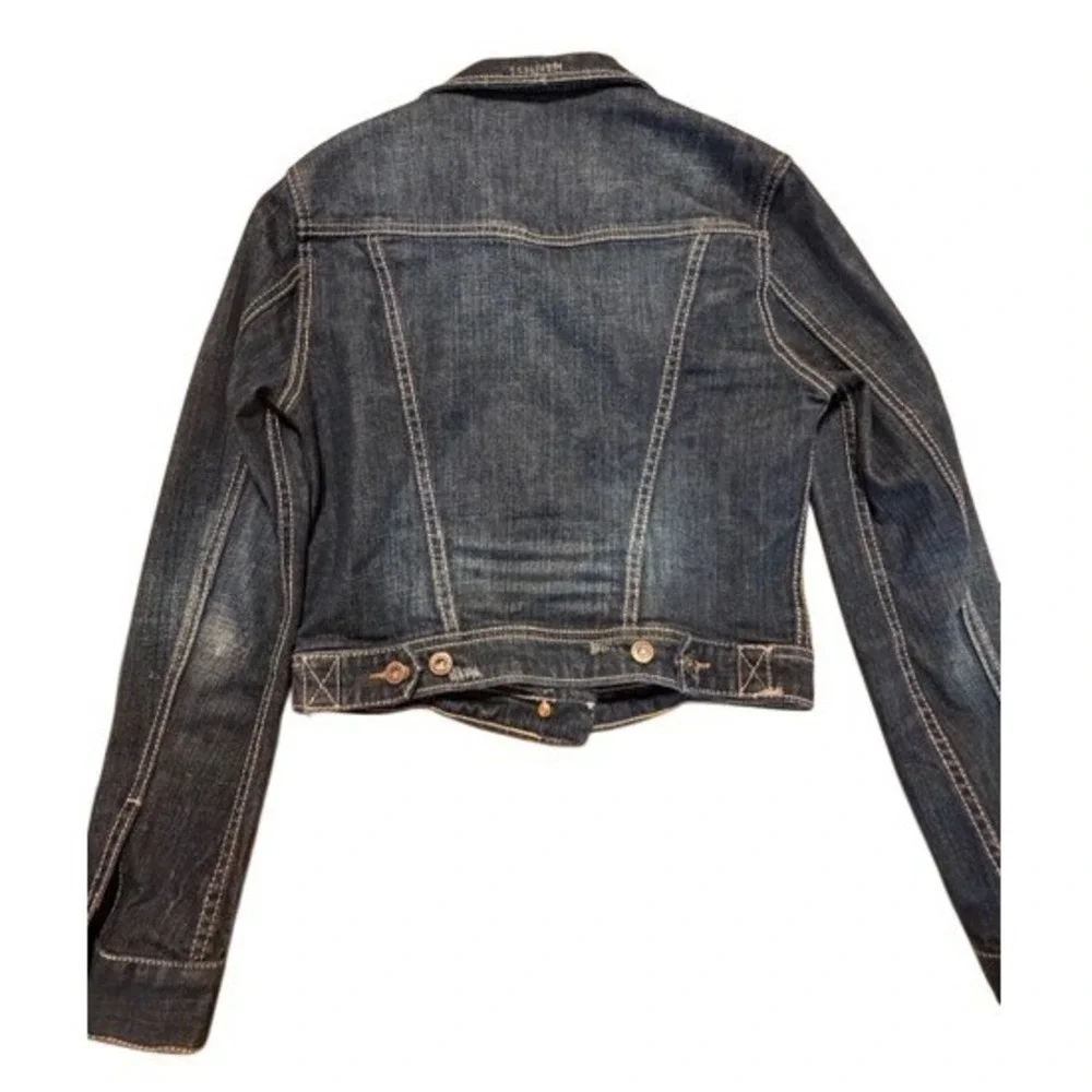 Unionbay Womens Dark Wash Distressed Cropped Denim Trucker‎ Jacket Stretch Small